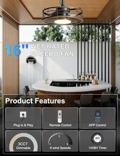 Phylluz Outdoor Ceiling Fan with Lights - 16'' Wet Rated Gazebo Fan Remote/APP Control, Caged Hanging Fan Plug and Play for Covered Patio Porch, Wood Color - Thumbnail 2