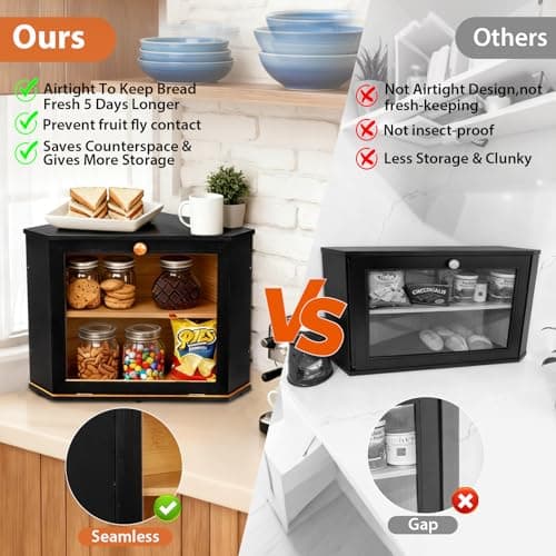 Bamboo Corner Bread Box for Kitchen Countertop - Double Layer Bread Storage with Clear Window, Black Wooden Bread Keeper Organizer for Homemade Bread, Under Cabinet Mount, Fits Countertop & Pantry - Thumbnail 5