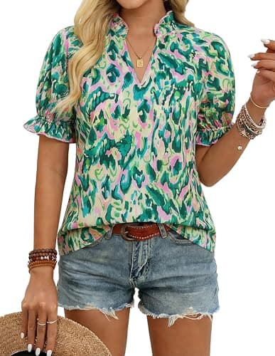 GRACE KARIN Womens Boho Tops Summer Spring Cotton Floral Blouses Short Sleeve Print Shirts V Neck Beach Vacation Clothes 2026 Green Wave XX-Large - Image 1