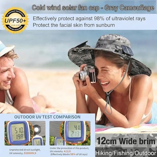 Outdoor Wide Brim Sun Hat with 2 Solar Powered Fan, Bucket Hat for Men Women, Fishing, Gardening & Beach Hat for Men, USB Charging, UPF 50+ Light Camouflage - Thumbnail 5