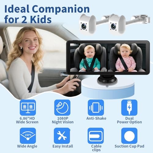 Howison 6.86'' Dual Car Camera Baby Monitor, 1080P Baby Car Camera with IR Night Vision, 150° Wide Angle, USB Powered, Easy to Install, Real-Time Rear Seat Monitoring, Safety for Kids and Newborns - Thumbnail 3