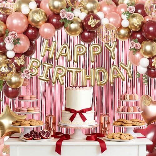 Burgundy Birthday Decorations for Women, Maroon Metallic Rose Gold White Gold Foil Confetti Balloons Happy birthday Banner Gold Butterfly Fringe Curtains Birthday Decorations for Women Girls - Thumbnail 4