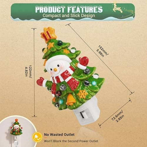 JandCase Christmas Tree & Snowman Night Light, 3000K Night Lights Plug into Wall,Cute & Funny Ceramics Christmas Night Light for Kids, 360° Rotatable for Home Party Decor,1 Pack - Thumbnail 5