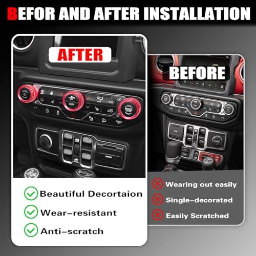 4PCS Aluminum Alloy Button Knob Cover for Jeep Wrangler JL JLU 2018-2025 & Gladiator JT 4XE Compatible Interio Accessories Cover, Volume Radio Air Conditioner Headlight Switch Knob Cover (Red) - Thumbnail 3