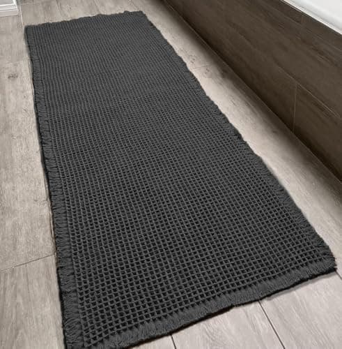 SHIMOH Waffle Bath Mat, Super Absorbent Non-Slip Bath Mats for Bathroom Floor, Machine Washable Bathroom Rugs with Tassels, Rubber Backed Bathroom Mats, Ultra Soft. (Dark Gray, 2' X 6') - Image 1