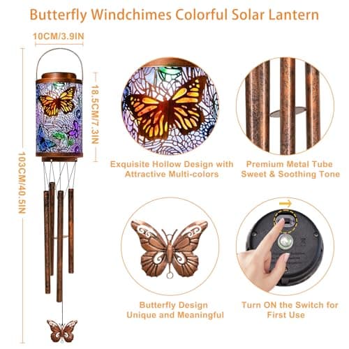 Butterfly Solar Wind Chimes for Outside, Garden Gifts for Mom, Solar Lanterns Outdoor Decor Lights for Balcony, Patio, Yard,Birthday Gifts for Women Grandma Dad (1Pack) - Thumbnail 5