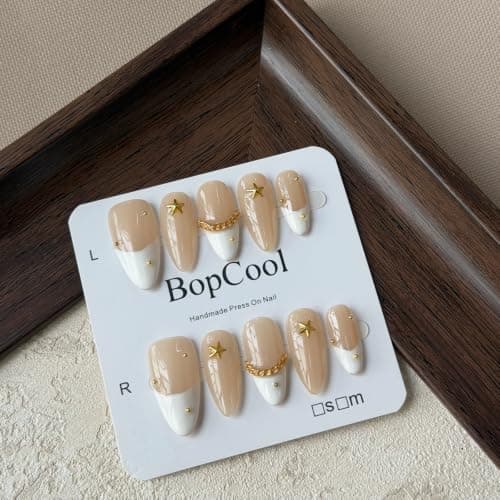 Handmade Press On Nails Medium Almond Shape - 3D Gold Metallic Embellished White French Manicure False Nails ， Minimalist Design | Salon Quality Reusable Fake Nails(10PCS-M) - Thumbnail 2