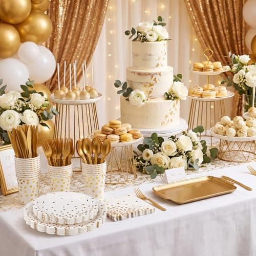 Xiangqu 175 Pcs White and Gold Paper Plates and Napkins, Disposable Gold Party Dinnerware Include Scalloped Party Plates Napkin Cups Plastic Cutlery for Birthday Wedding Graduation Congratulations - Thumbnail 6