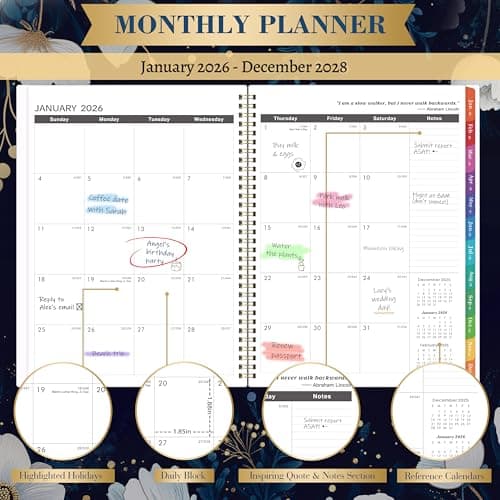 2026-2028 Monthly Planner/Calendar - January 2026 - December 2028, 9” × 11”, 3 Year Monthly Planner 2026-2028, 36-Month Calendar with Tabs,Inner Pocket, Twin-wire Binding, Enterprise - Thumbnail 3