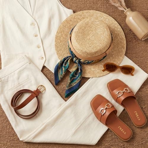 YTSKJ Sandals for Women 2026 Square Open Toe Fashion Slides Women Dressy Summer Flat Beach Cute Ladies Faux Leather Casual Shoes with Golden Chain Brown Size 6 - Thumbnail 3