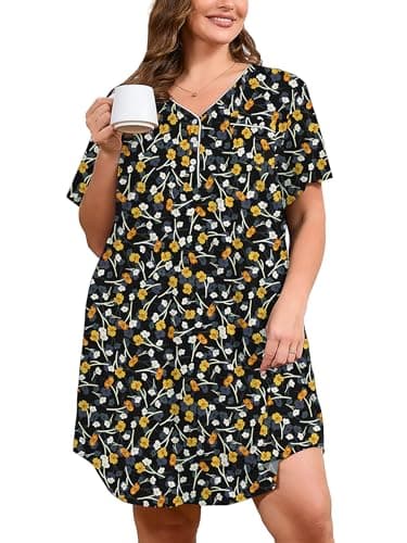AusLook Plus Size Floral Nightgown for Women Midi Sleep 1X Dress Short Sleeve V Neck Flowy Lounge House Dress Casual Printed Night Dress
