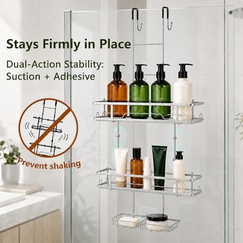 OMAIRA Over The Door Shower Caddy, 3-Tier Hanging Shower Organizer with 8 Hooks & Soap Holder, Height-Adjustable Rustproof Bathroom Shelf for Shower Door, No Drilling Storage Rack, Sliver - Thumbnail 3