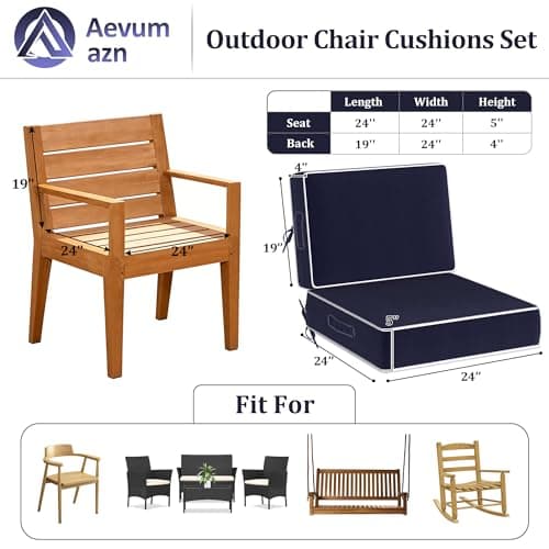 5" Thick Outdoor Chair Cushions Set of 2 - 24x24 Inch Patio Chair Cushion for Outdoor Furniture w/Fade-Resistant Removable Cover Waterproof Deep Seat Patio Cushions w/Straps Handle for Sofa, Navy Blue - Thumbnail 5