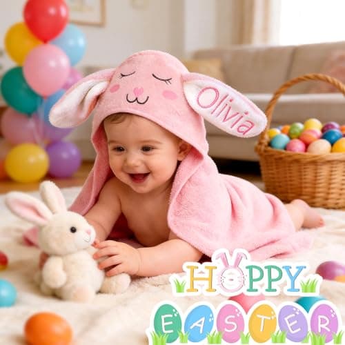Individz Custom Hooded Bath Towel with Name, Personalized Highly Absorbent Bunny Towels, Baby Bath Towels for Girls Boys, Brithday Easter Gifts for Baby, Toddler, Newborn, Infant (Pink) - Thumbnail 2