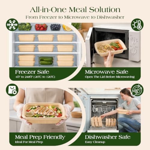 100 Piece (50 Pack) Meal Prep Containers with Lids,32 oz Resuable Cornstarch Material Salad Containers, Plant-based Lunch Boxes, Plastic Take Out Bowls BPA Free, Microwave Freezer Safe, Stackable - Thumbnail 6