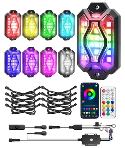 KANGIKX 8 Pods RGB LED Rock Lights - Five-Sided Underglow Kit with Brake & Turn Signals, App/Remote, Music Sync, Waterproof for Trucks, Jeep ATV, UTV, RZR, Golf Cart - Multicolor Wheel Well Lights