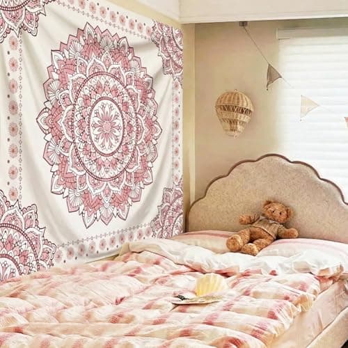 Atrippy Boho Pink Mandala Wall Tapestry for Bedroom, White and Pink Aesthetic Tapestry Room Decor for Teen Girls, Art Floral Wall Hanging for College Dorm (51''x60'') - Thumbnail 5