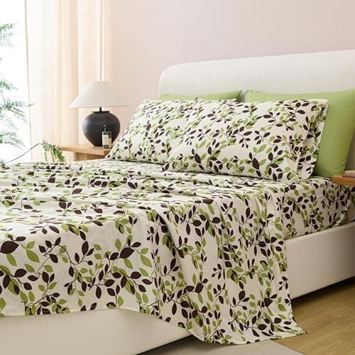 Twin Size Bed Sheets Set Deep Pockets - 6PC Floral Ultra Soft Microfiber Bed Sheets - Easy to Clean, 90 Thread Count Sheets Includes 1 Fitted, 1 Flat, 2 Pillowcases (Beige/Green Leaves) - Thumbnail 2