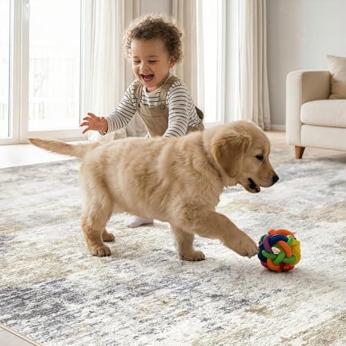 5x7 Area Rugs Living Room Rug: Washable Neutral Modern Abstract Soft Thin Rug Non-Slip Stain Resistant Carpet for Bedroom Under Dining Table Nursery Home Office - GoldBrown - Thumbnail 4