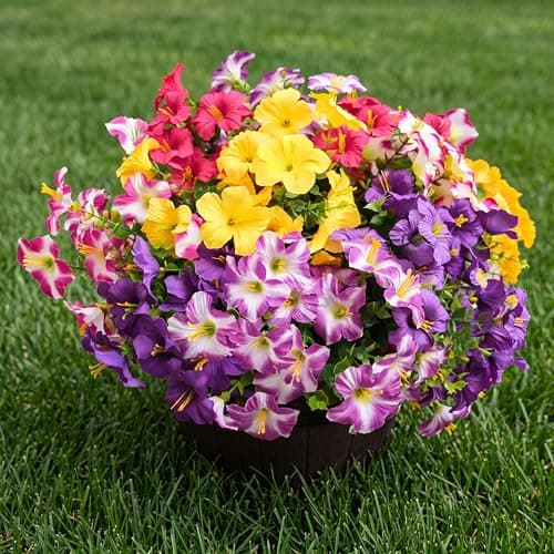 Vemander Artificial Flowers for Outdoors Fake Plants Outside Decoration, 12 Bundles Silk Petunia with Eucalyptus UV Resistant Realistic Faux Flowers for Outdoor Planters Garden Balcony (6 Color)