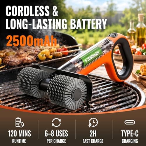 Electric Grill Brush - Dual Rotating Heads Cordless BBQ Grill Cleaner, 450 RPM Motorized Power Grill Cleaning Brush with LED Light, 6-Piece Replaceable Brush Set Safe for Most Outdoor Grill Grates - Thumbnail 5