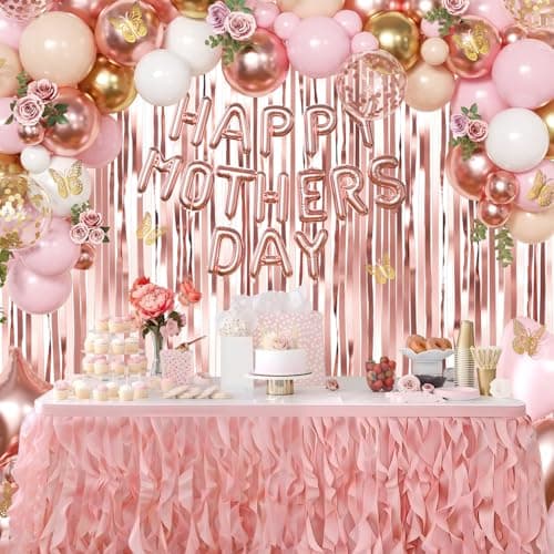 Happy Mother's Day Decorations, Rose Gold Pink Peach White Gold Foil Confetti Balloons Gold Butterfly Fringe Curtains for Mother's Day Party Decorations - Thumbnail 4