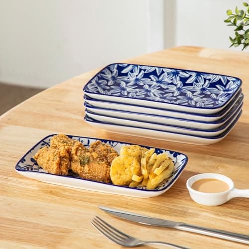 vancasso Selene 8.5 Inch Rectangular Salad Plates Set of 6, Ceramic Salad Plates for Sushi, Dessert, Appetizer, Porcelain Platters for Kitchen Decor, Microwave & Oven Safe, Vintage Blue & White Color - Thumbnail 6
