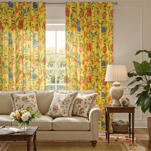 JOOJA Mustard Yellow Floral Linen Curtains, Boho Whimsical Bird Print Curtains for Bedroom Window Colorful Patterned Sheer Curtains for Living Room Kitchen 2 Panels 84 Inches Long - Thumbnail 4