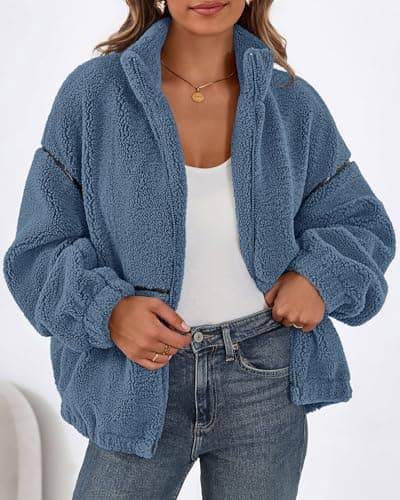 KIRUNDO Sherpa Jacket Women Fleece Oversized Zip Up Winter Coats Fall Jackets Faux Fur Warm Outwear 2026 Fashion Clothing(Dusty Blue, Large) - Thumbnail 2
