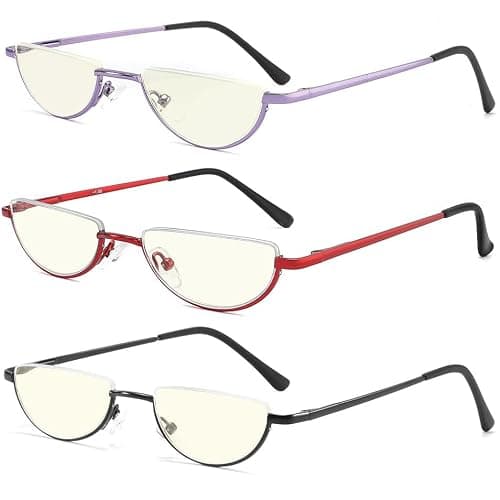 TOVEEN Half Lens Reading Glasses Blue Light Blocking, Half Moon Frame Semi Rim Spring Hinge Readers with Case for Men Women Black/Red/Purple 3 Pack +2.25