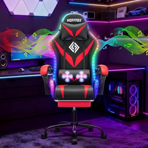 HOFFREE Gaming Chair Massage with Bluetooth Speakers and Led Lights Ergonomic Computer Gaming Chair with Footrest RGB Video Game Chair with High Back Lumbar Support Red and Black