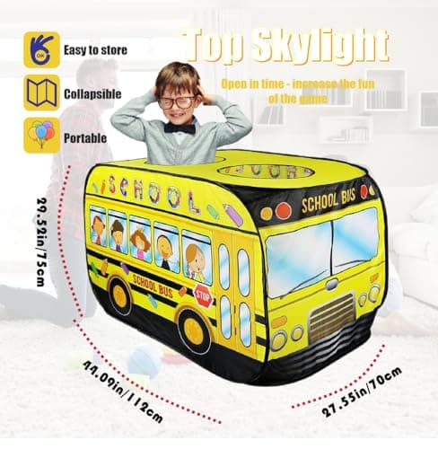 Pop Up Tent for Kids.School Bus Tent for Toddlers.Playhouses for Toddlers.Large, Easy to Organize.Birthday Gift for Girls & Boys.Can Be Played with by 2-3 Kids.Indoor Playhouse for Kids - Thumbnail 3