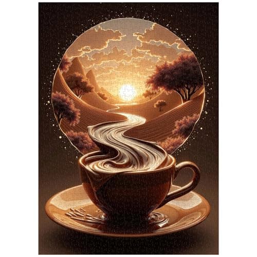 Sunset Coffee Puzzles for Adults 1000 Pieces, Fantasy River Nature Landscape Art Jigsaw Puzzle, Challenging Aesthetic Coffee Cup Puzzle for Home Wall Decor