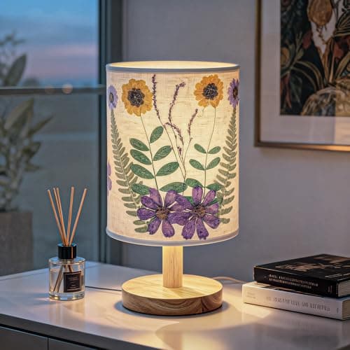 Xmpmrb Artisan Crafted Floral Pressed Nightstand Lamp - Handmade Vintage Table Light with Adjustable Warm Glow for Bedroom, Office, or Living Room Decor (Purple) - Image 1