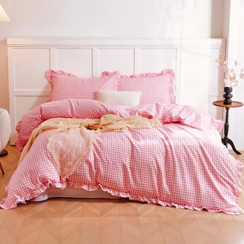 Hailyuwl 100% Cotton Ruffle Gingham Duvet Cover Pink White Classic Checkered Soft Breathable Vintage 3 Piece Bedding Set with Pillowcases for All Season King Size 104"x90" (Comforter Not Included) - Image 1