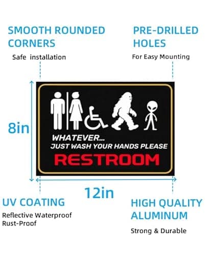 Carastora All-Gender Bathroom Wall Sign – Funny Wash Hands Reminder, Alien & Creature Theme Metal Sign for Home, Office or Public Restroom, 8x12 Inch - Thumbnail 6