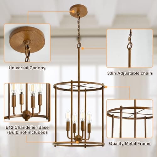 4 Light Chandelier,Farmhouse Ceiling Light Wood Grain Lantern Light Fixtures with Metal Cage Adjustable Height Rustic Hanging Light E12 Base for Kitchen Island, Dining Room, Living Room,Entryway - Thumbnail 3