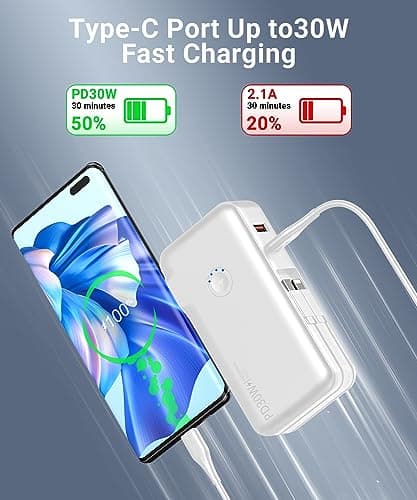 QiSa Portable Charger, Power Bank, 16000mAh Power Bank Built-in AC Wall Plug and Cables, PD 30W and QC4.0 Fast Charger for iPhone and Android Phones and Most Electronic Devices (White) - Thumbnail 2