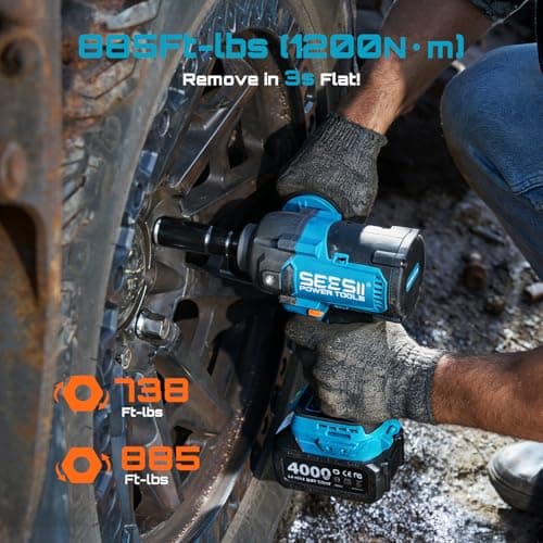 Seesii Upgraded Cordless Impact Wrench 885Ft-lbs (1200N·m): 1/2" Impact Gun with Detachable Side Handle, 21V High Torque Power Impact Driver 2x 4.0Ah Batteries for Family Car/Pickup Truck/Mower - Thumbnail 2