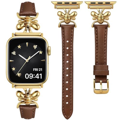 Wearlizer Slim Leather Band Compatible with Apple Watch Bands for Women 40/38/41/42mm, Top Genuine Leather Elegant Strap with Stylish Metal Design for iWatch Series 11 10 9 8 SE 7 6 5 SE 4 3 2 1 - Image 1