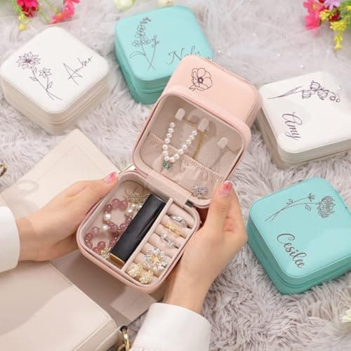 Corissy Personalized Jewelry Box for Women, Custom Travel Jewelry Case with Name and Birth Flower, Leather Jewelry Box for Rings, Earrings, Necklaces, Personalized Gifts for Women - Thumbnail 2