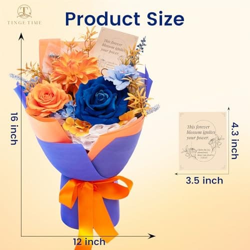 TINGE TIME Preserved Flowers Bouquet, Orange & Navy Blue Roses Gift Bouquet, Eternal Roses Bouquet for Wedding, Table Centerpieces, Mothers Day, Birthday Gifts, Anniversary, Graduation - Thumbnail 4