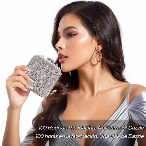 YONATUTRO Luxury Silver Rhinestone Clutch Purse for Women - Mini Evening Bag with Detachable Chain for Wedding Formal Party Prom - Thumbnail 2