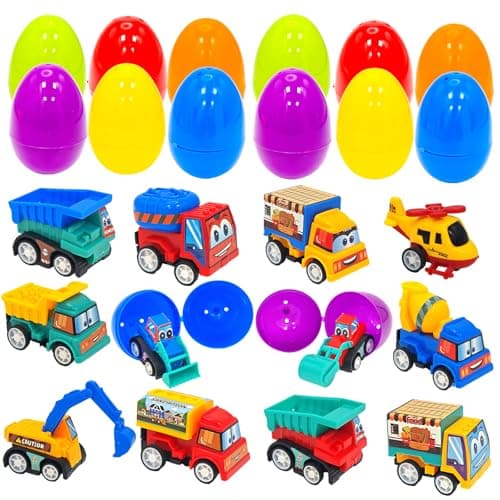 Dasijia 12 Pcs Prefilled Easter Eggs with Toys-Construction Engineering Vehicles, Bright Plastic Easter Eggs Filled with Cars, Easters Basket Stuffers, Party Favors for Kids, Boys Goodie Bags