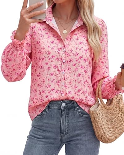BTFBM Button Down Shirts for Women Floral Long Sleeve V Neck Lightweight Blouses Summer Business Casual Work Tops 2026(Floral Pink Rose Red, X-Large) - Image 1