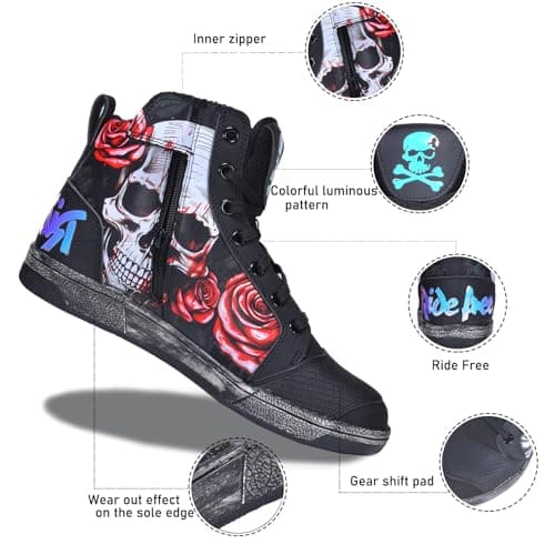 GXZUORUI Retro Skull & Rose Motorcycle Riding Shoes for Men Women, Casual Daily Wear Motocross Sneakers with Side Zipper, Ankle Support & Anti-Slip Protective Footwear (Red, Adult, Men, 12, Numeric, US Footwear Size System, Medium) - Thumbnail 6