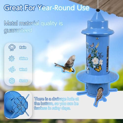 Squirrel Proof Bird Feeders, Long Lasting Bird Feeder for Outdoors, Reliable and Rust Resistant Metal Station for Prevents Squirrels from Stealing Food,5LB Large Capacity,Blue - Thumbnail 6