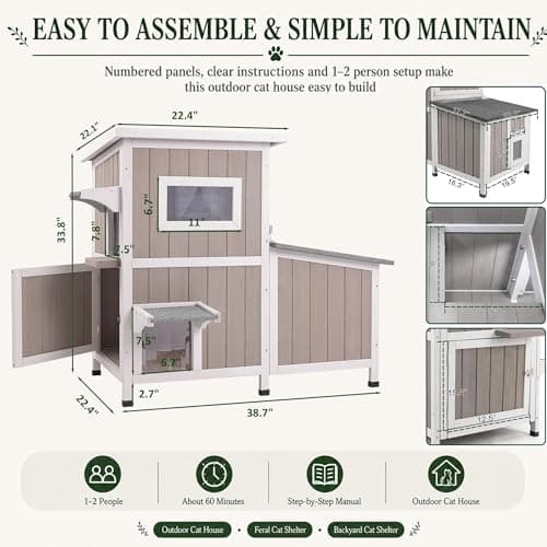 PetsCosset Cat House for Outdoor Cats Outside Feral Cat Shelter Weatherproof Wooden Cat Houses for 2-3 Cats with 3 Rooms 3 Escape Doors 2 Openable Asphalt Roofs - Thumbnail 6