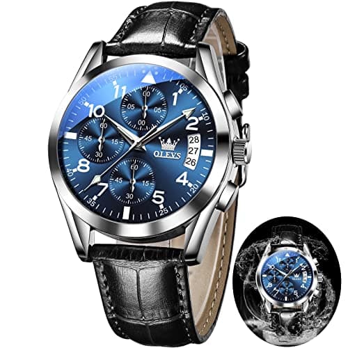 OLEVS Watches Men Black Leather Band Chronograph Blue Face Watches for Men Classy Nice Waterproof Easy Adjustable Quartz Wrist Watch