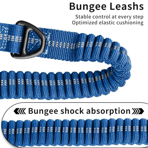 Heavy Duty Tactical Bungee Dog Leash, 4-6FT Shock Absorbing Tactical Dog Leash with 2 Padded Handles, Metal Carabiner Clip,Car Seatbelt, Reflective Dog Leashs for Medium Large Dogs (Blue) - Thumbnail 4
